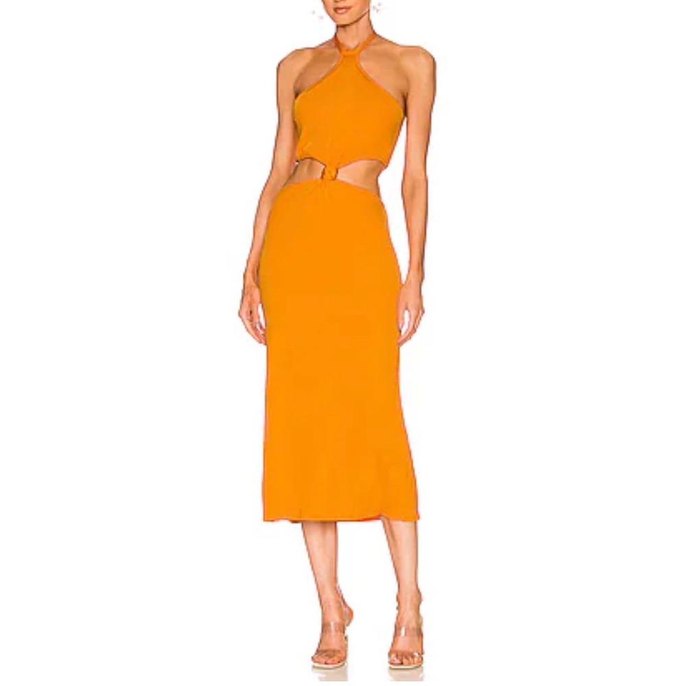 cult gaia Orange Asymmetrical Cutout Halter Midi Dress
